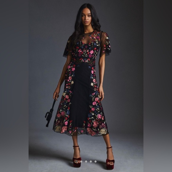 Anthropologie Dresses & Skirts - By Anthropologie Embroidered Floral Dress Lace-Up Back in Black Motif Size 4
